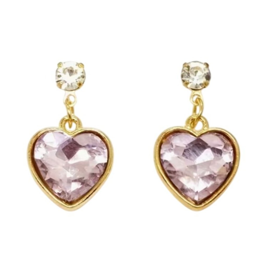 Betsey Johnson Pink Glass Heart Dangle Earrings Gold Tone